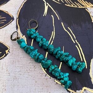 Vintage Long Brass / Bronze Bright Beaded Faux Turquoise Earrings A2